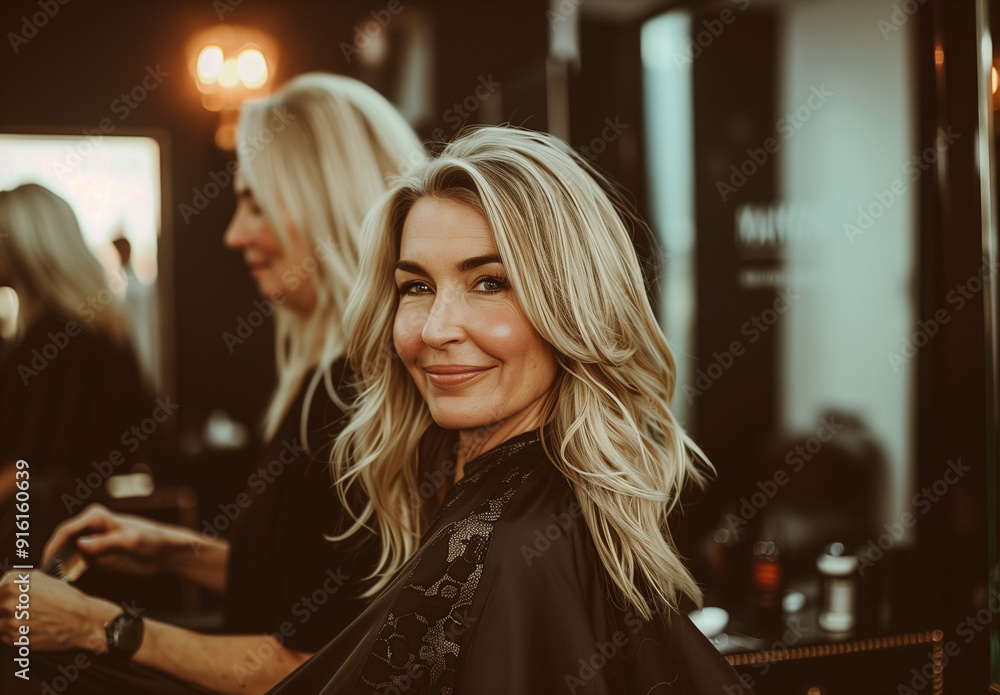 A woman with long blonde hair smiles in a salon setting, preparing for a beauty treatment. A woman with long blonde hair smiles in a salon setting, preparing for a beauty treatment.