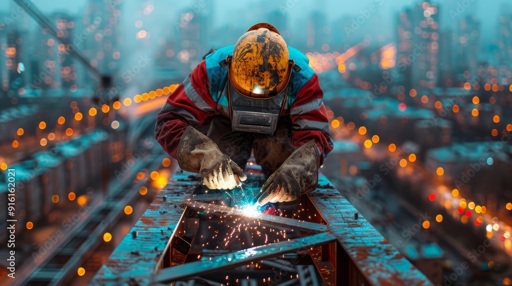 Welder working on high-rise building at night with city lights Welder working on high-rise building at night with city lights