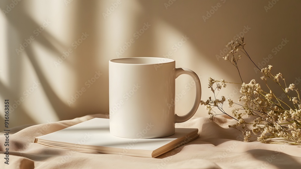 White mug on a neutral background, displayed with a minimalistic book or notebook White mug on a neutral background, displayed with a minimalistic book or notebook