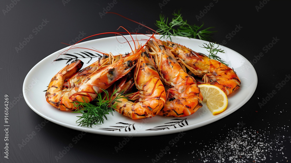 Grilled shrimp served on a decorative plate with lemon and herbs. Grilled shrimp served on a decorative plate with lemon and herbs.