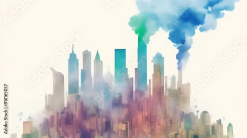 watercolor overview of co2 pollution distribution in city, motion
