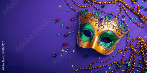 Glittering Gold and Green Carnival Mask with Beads on Purple Background.