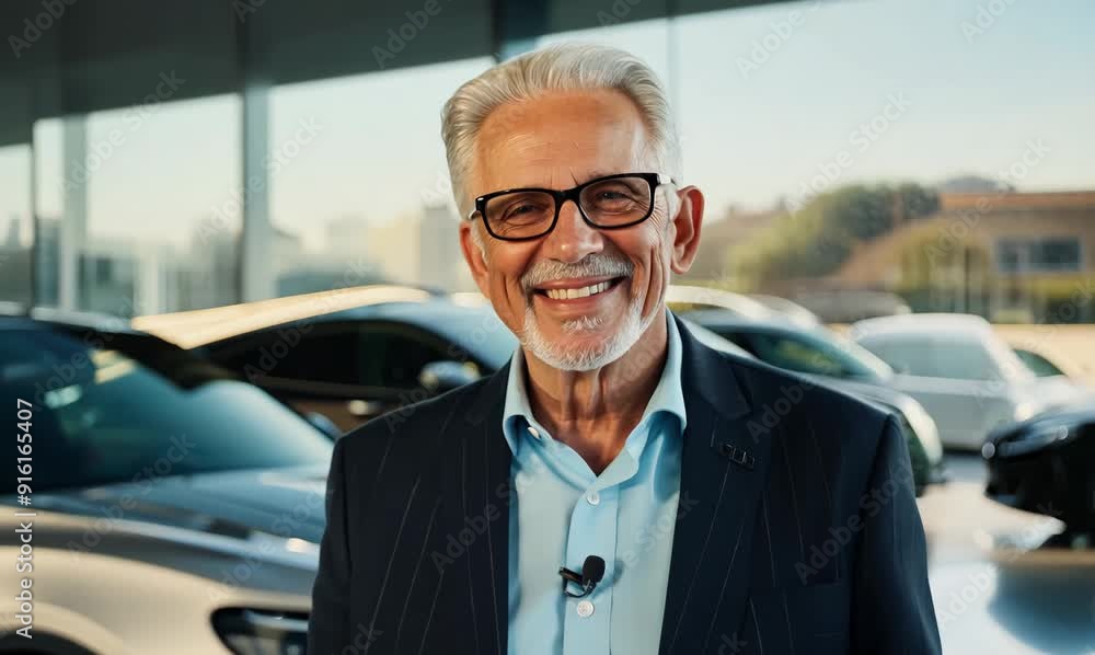 Portrait of smiling senior man in eyeglasses standing in car showroom Portrait of smiling senior man in eyeglasses standing in car showroom