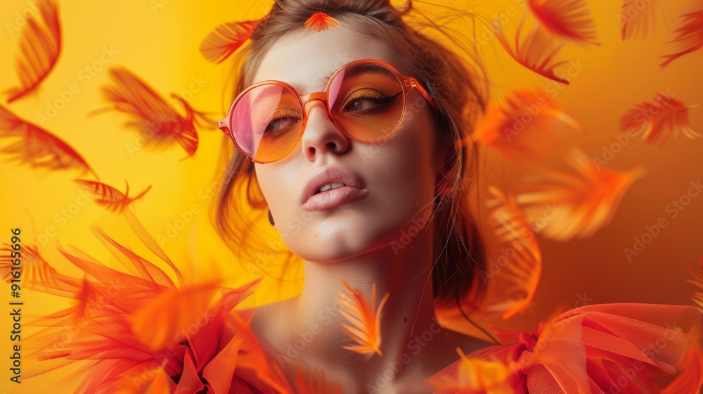 Obraz premium Fashionable woman in orange sunglasses with matching background