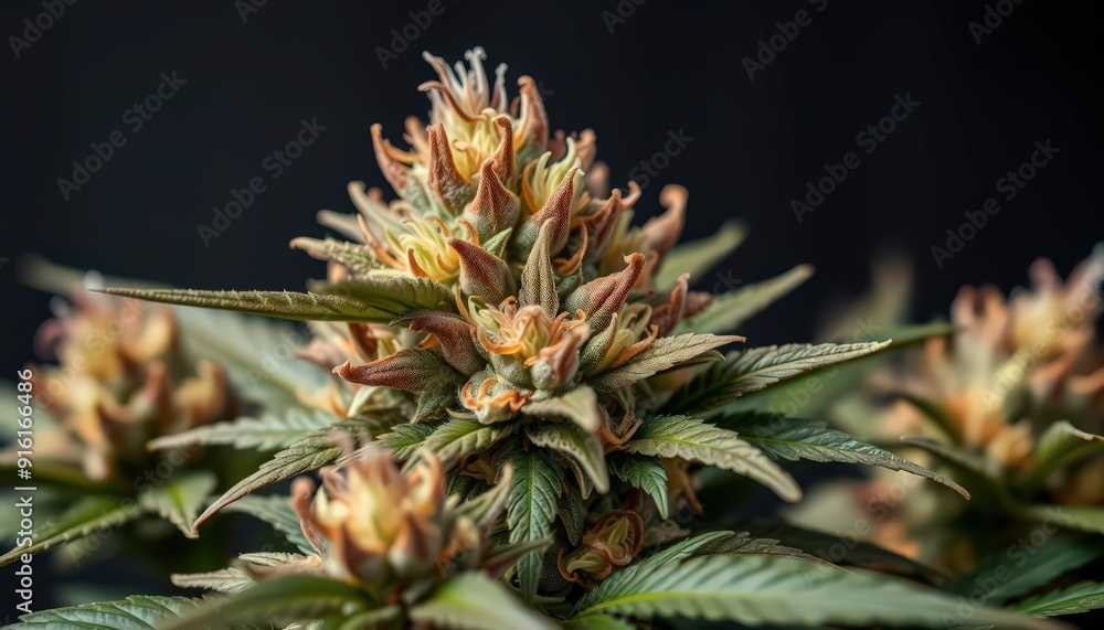 Closeup of Cannabis Bud with Green Leaves. Closeup of Cannabis Bud with Green Leaves.