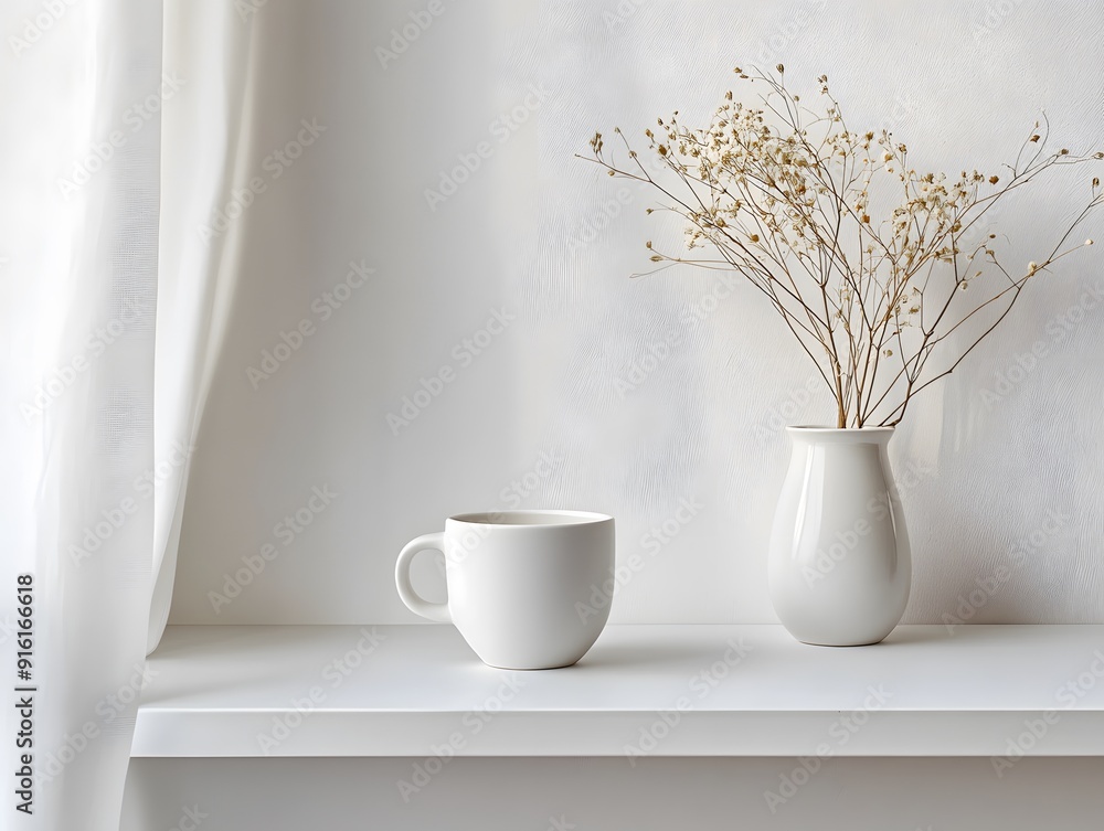 White mug displayed on a plain white shelf with minimalistic decor White mug displayed on a plain white shelf with minimalistic decor