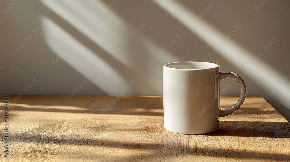 White mug on a clean wooden table, surrounded by neutral tones and soft shadows White mug on a clean wooden table, surrounded by neutral tones and soft shadows