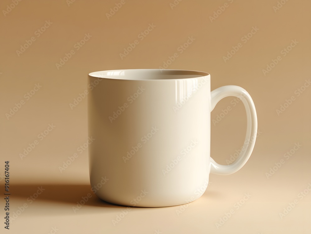 White mug with a subtle logo imprint, placed on a plain background with soft light