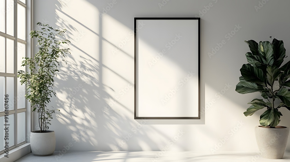White frame with minimalist poster design on a plain white wall, soft shadows cast from natural light White frame with minimalist poster design on a plain white wall, soft shadows cast from natural light