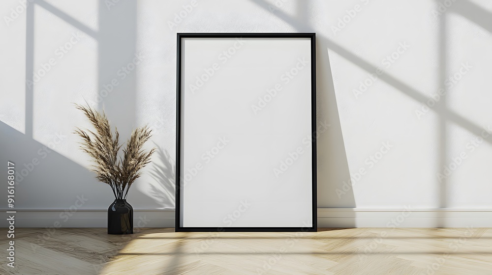 White frame with a blank poster leaning against a plain white wall on a light wooden floor White frame with a blank poster leaning against a plain white wall on a light wooden floor