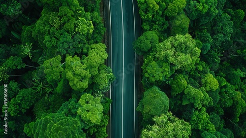 Aerial top view of asphalt road through green forest, healthy rain forest, environment, health, green economy, view of nature ecosystem for save Earth