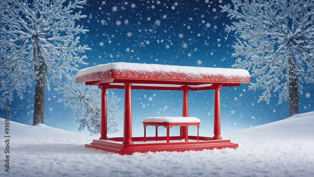 light red product display podium in a winter wonderland, product presentation space covered in snow, giant snowflakes in the background, frosty Christmas podium with presentation space, ad, podium light red product display podium in a winter wonderland, product presentation space covered in snow, giant snowflakes in the background, frosty Christmas podium with presentation space, ad, podium