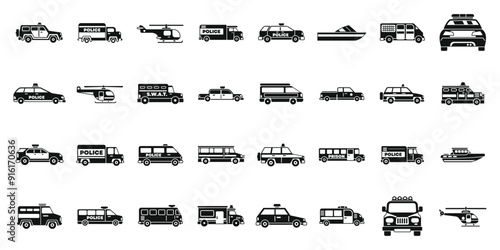 Police vehicles icons set. Police transport set with different types of vehicles for patrol operations, crime investigation and public safety ensuring
