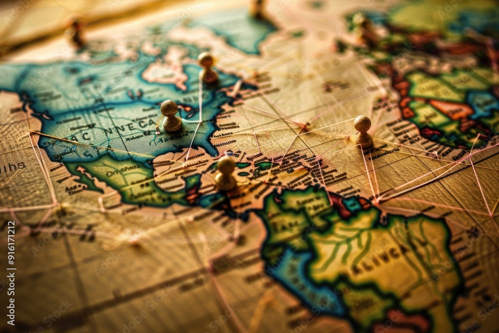 Closeup of colorful pins marking destinations on a world map for travel planning and adventure inspiration Closeup of colorful pins marking destinations on a world map for travel planning and adventure inspiration