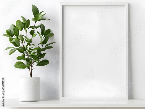 Wallpaper Mural Minimalist poster in a white frame, displayed on a simple shelf with a single plant Torontodigital.ca