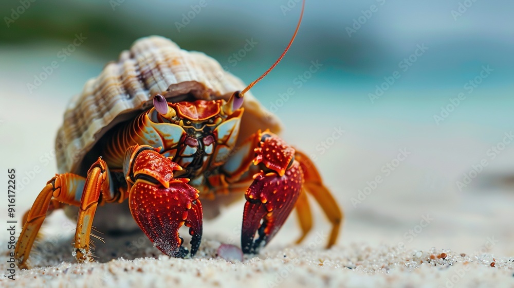 Close-up of a Red and Orange Hermit Crab Carrying a Shell on the Sand Close-up of a Red and Orange Hermit Crab Carrying a Shell on the Sand