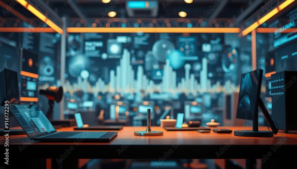 Futuristic Workplace with Computer and Data Visualizations. Futuristic Workplace with Computer and Data Visualizations.