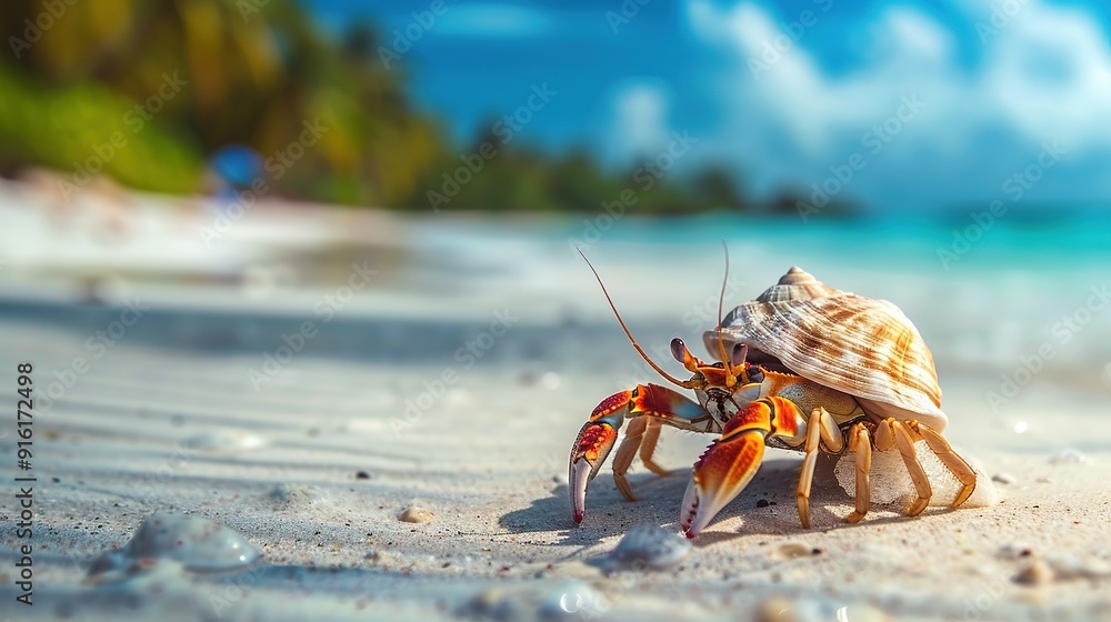 Hermit Crab on Tropical Beach with Clear Blue Sky and Water Hermit Crab on Tropical Beach with Clear Blue Sky and Water