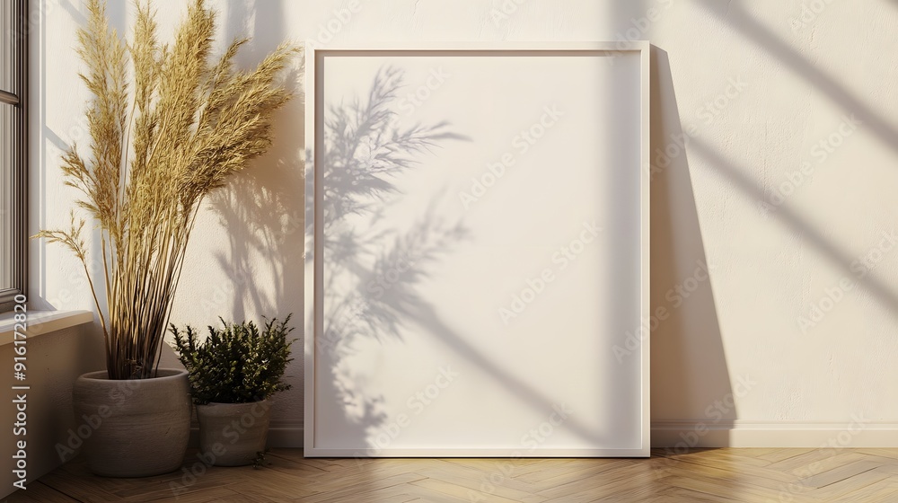 Simple white frame with a blank canvas, leaning against a plain wall with soft natural light Simple white frame with a blank canvas, leaning against a plain wall with soft natural light