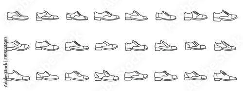 Oxford shoes icons set. Large set of icons representing different styles of classic male shoes