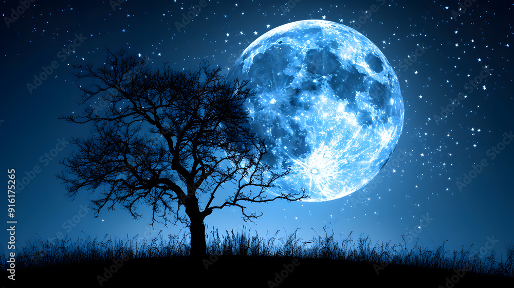 Fototapeta premium Charming full moon scene with stars, vector