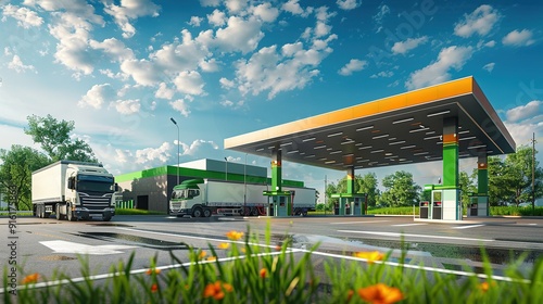 Two Trucks at a Gas Station with a Blue Sky and White Clouds