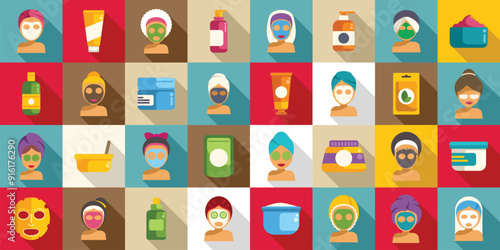 Face mask spa icons set. Set of beauty icons with women using beauty products and face masks for skin care and wellness