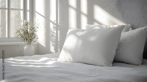 White pillow on a clean white bed with a light grey wall in the background