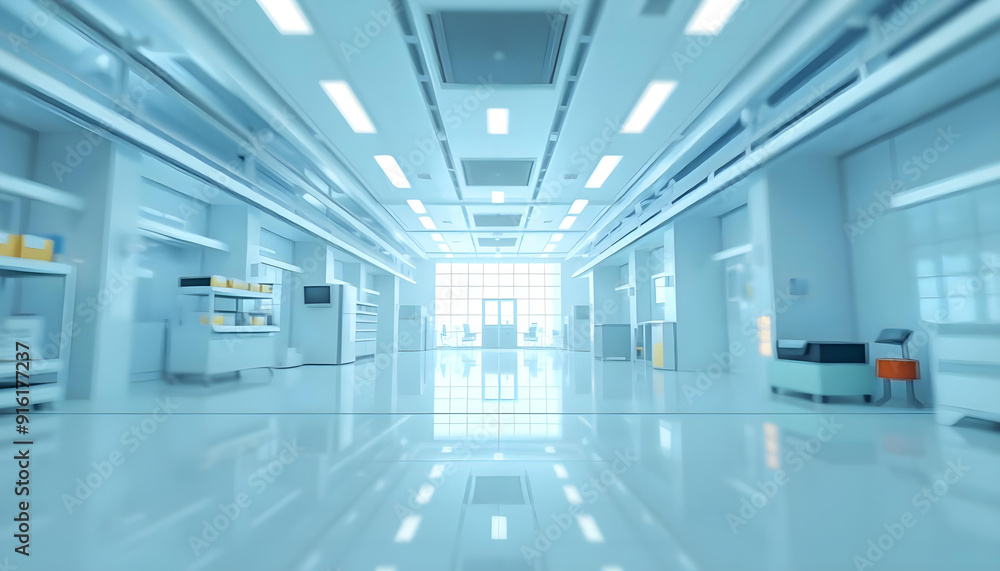 A futuristic empty hallway with white walls and a window at the end. A futuristic empty hallway with white walls and a window at the end.
