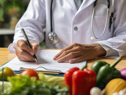 Doctor Writing on a Clipboard with Vegetables in Foreground. photo