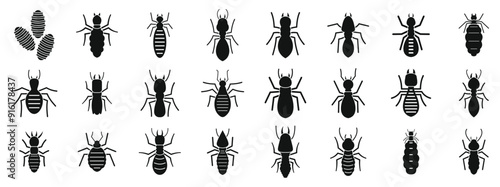 Termite icons set. This set features various species of termites in black silhouette, highlighting their unique anatomical features