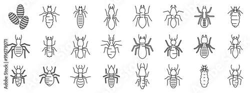 Termite icons set. Set of termite pest control logo icons showing different species and life cycle stages
