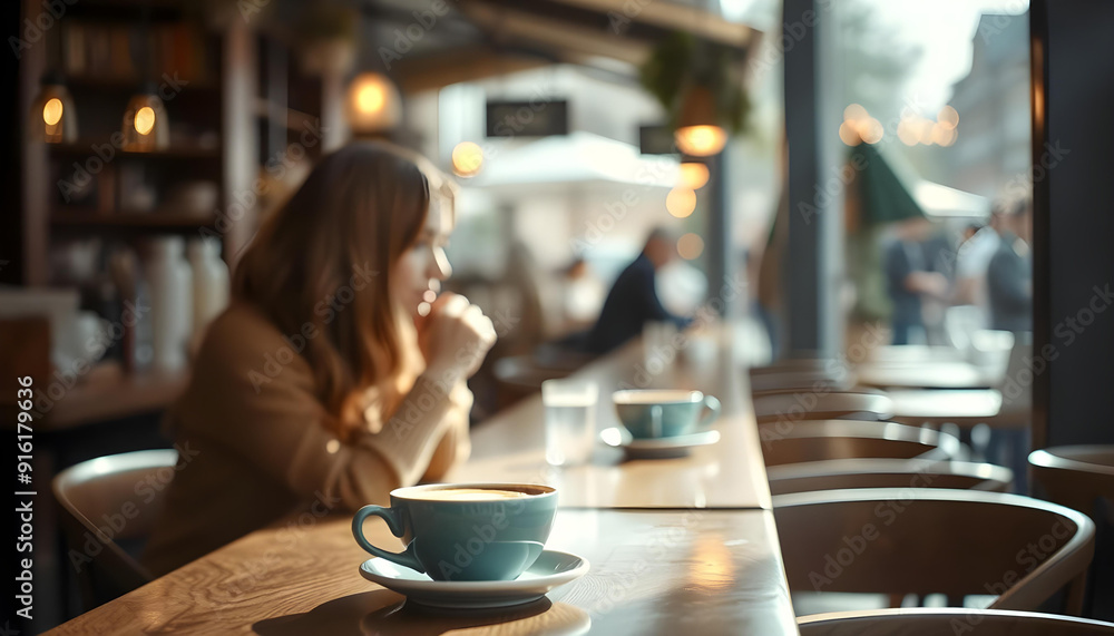A Cup of Coffee on a Wooden Table in a Cafe A Cup of Coffee on a Wooden Table in a Cafe