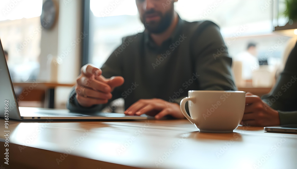 A man pointing toward the viewer with a coffee cup on a table A man pointing toward the viewer with a coffee cup on a table
