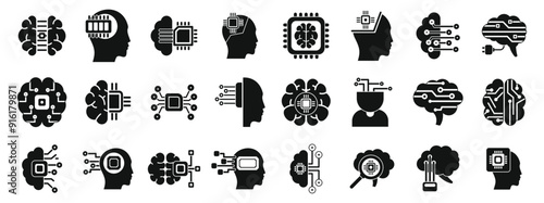 Brain implant icons set. Artificial intelligence icon set showing brain and microchip for machine learning