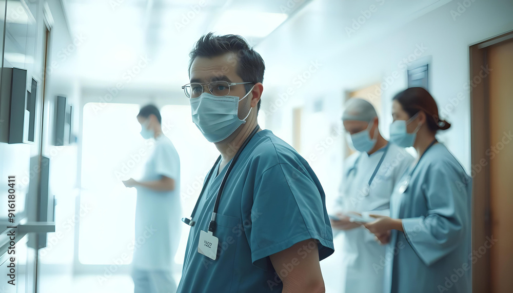 Obraz premium Male Doctor Wearing a Mask and Scrubs in a Hospital Hallway
