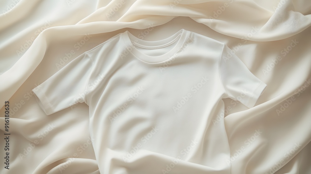 Obraz premium White t-shirt mockup with rolled sleeves on a neutral background, focusing on the fabric texture