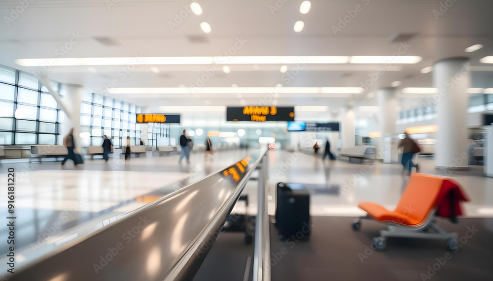 Blurred View of an Airport Terminal with a Rolling Chair in the Foreground Blurred View of an Airport Terminal with a Rolling Chair in the Foreground