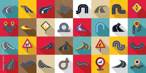 Winding road icons set. Collection of road signs representing different directions and turns over colorful squares photo