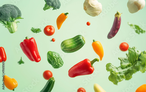 Colorful vegetables flying through the air on colorful background, with cabbages, peppers, eggplant, mushrooms, tomatoes and radishes all floating together