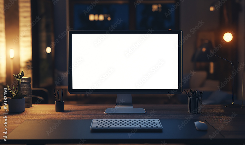 Front view of blank white screen on desktop monitor with keyboard and mouse in modern home office interior, mockup for design presentation template Front view of blank white screen on desktop monitor with keyboard and mouse in modern home office interior, mockup for design presentation template
