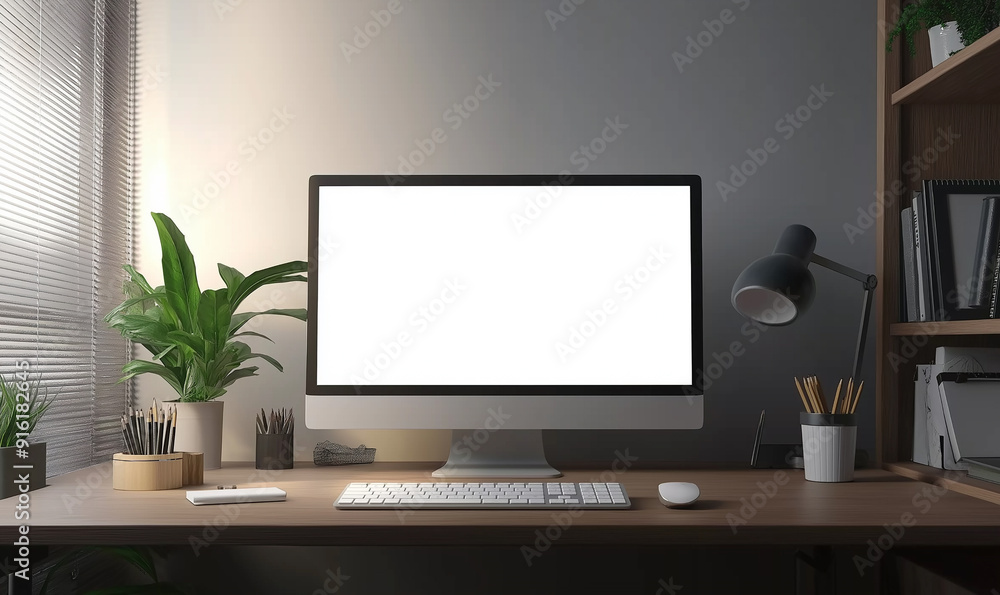 Front view of blank white screen on desktop monitor with keyboard and mouse in modern home office interior, mockup for design presentation template Front view of blank white screen on desktop monitor with keyboard and mouse in modern home office interior, mockup for design presentation template