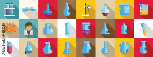 Broken laboratory glassware icons set. This icon set includes icons related to chemistry experiment, chemical laboratory, erlenmeyer flask, scientist