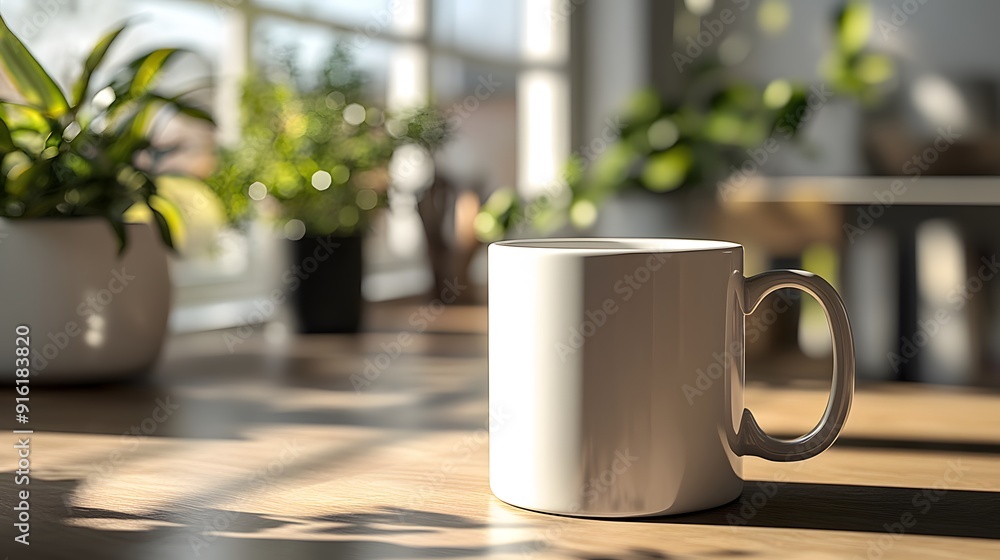 White mug mockup in a minimalistic kitchen setting with soft, diffused light White mug mockup in a minimalistic kitchen setting with soft, diffused light