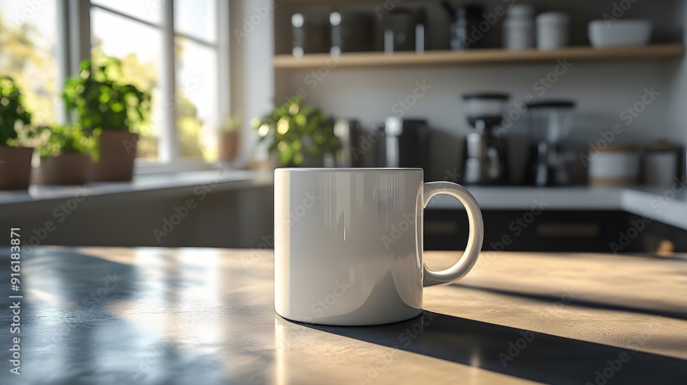 White mug mockup in a minimalistic kitchen setting with soft, diffused light White mug mockup in a minimalistic kitchen setting with soft, diffused light
