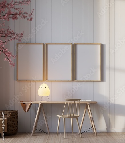 poster mockup in home office or study room interior background. scandinavian style. 3d Rendering