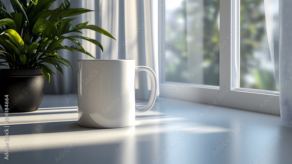 White mug mockup on a smooth white surface, with soft morning light coming through the window White mug mockup on a smooth white surface, with soft morning light coming through the window