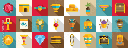 Pharaoh tomb icons set. This image features a set of colorful icons representing various aspects of ancient egyptian civilization, including its culture, artifacts, and symbols