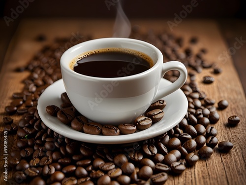 coffee beans in a cup on wooden background