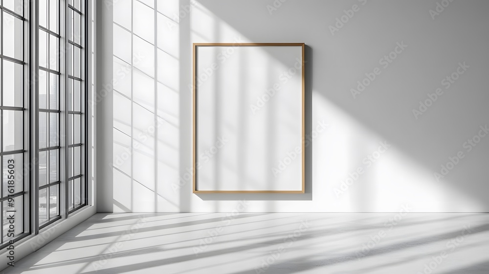 White frame with minimalist poster mockup on a plain white wall, soft shadows cast from natural light White frame with minimalist poster mockup on a plain white wall, soft shadows cast from natural light